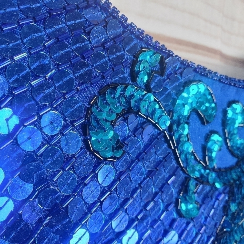 Vintage 80s Nadine Vibrant Blue Floral Sequins Long Sleeve Dress Size Medium - Picture 6 of 16